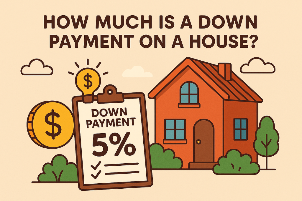 Cartoon illustration showing “How Much Is a Down Payment on a House?” with a 5% down payment clipboard and a two-story home.