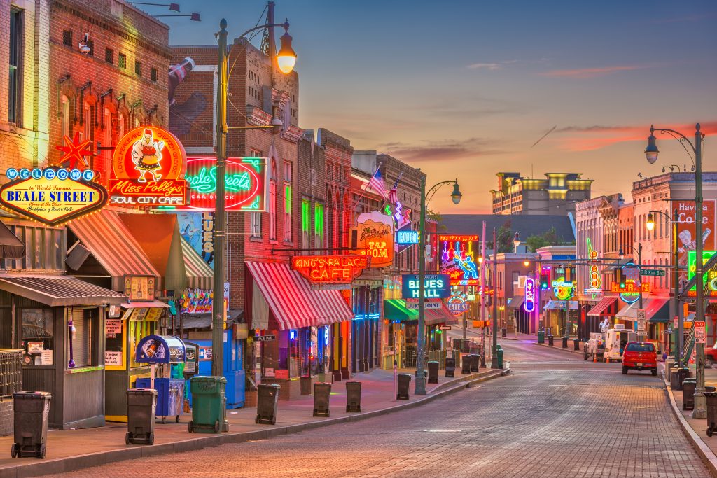 Blues Clubs on historic Beale Street at twilight.