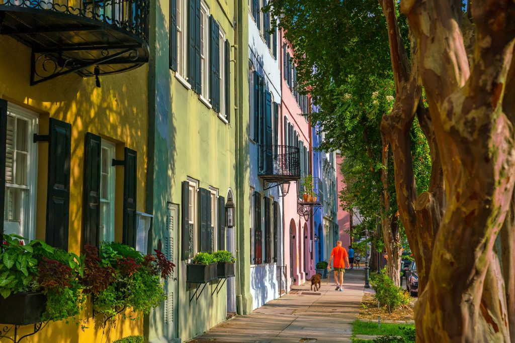 Rainbow Row colorful and well-preserved historic Georgian row houses in Charleston, South Carolina, USA