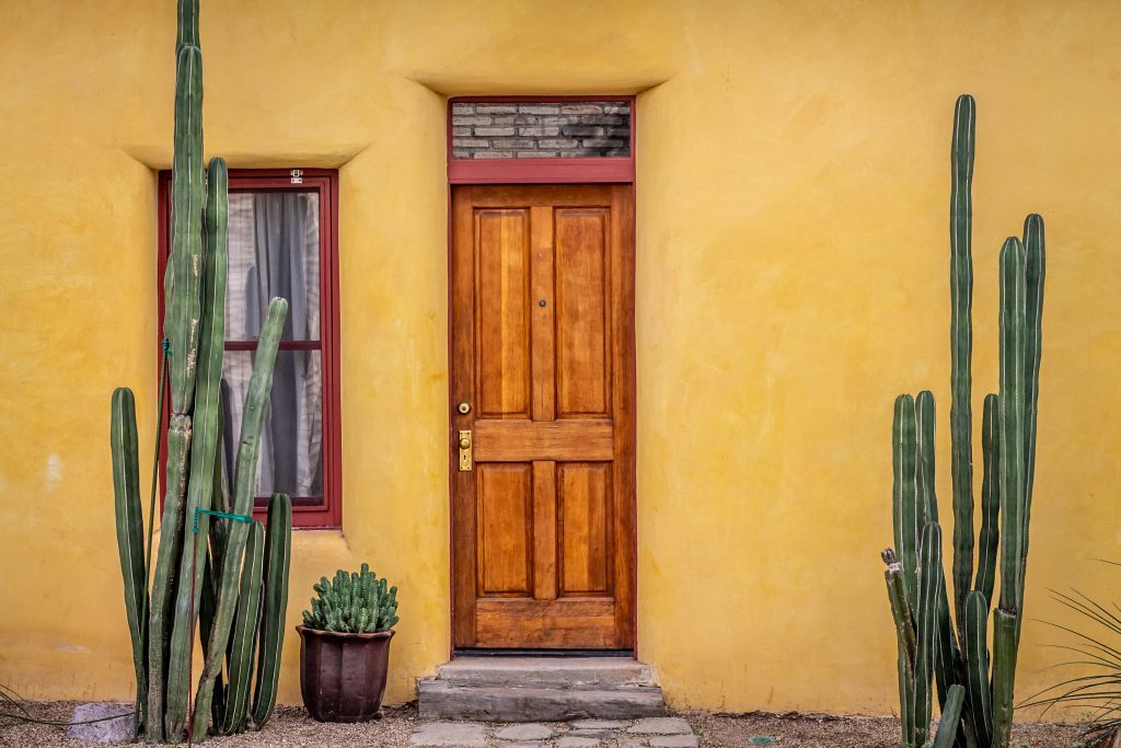 outside view of orange home wooden door with cacti