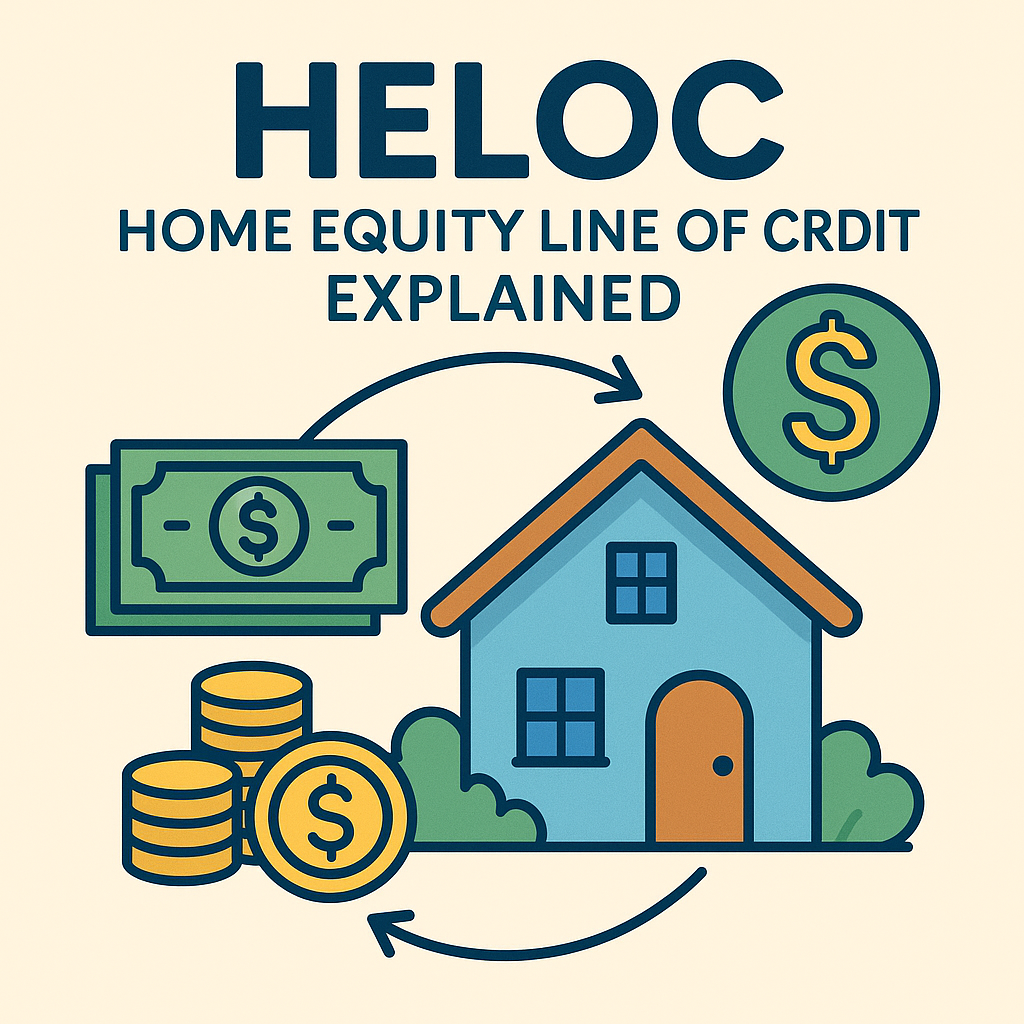 Cartoon illustration showing how a HELOC works with a house, dollar signs, arrows, and money symbols
