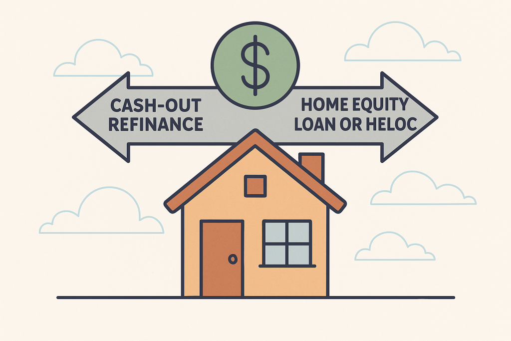 Illustration of a house with arrows pointing to cash-out refinance and home equity loan or HELOC, showing options to access home equity.