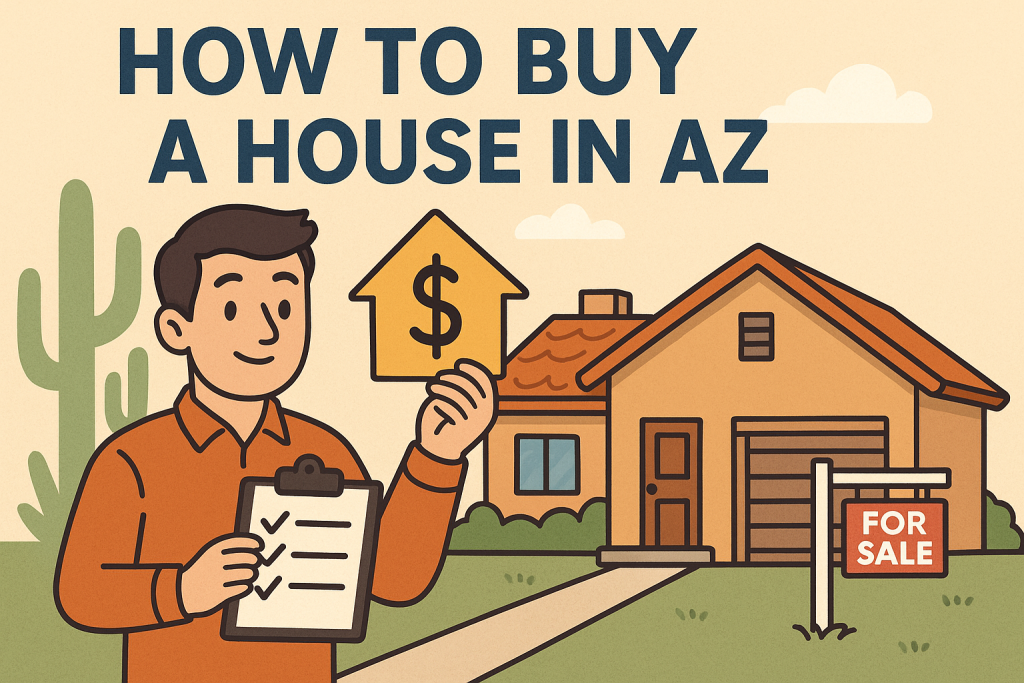 Cartoon illustration of a man holding a checklist and a dollar house icon in front of a home for sale in Arizona.