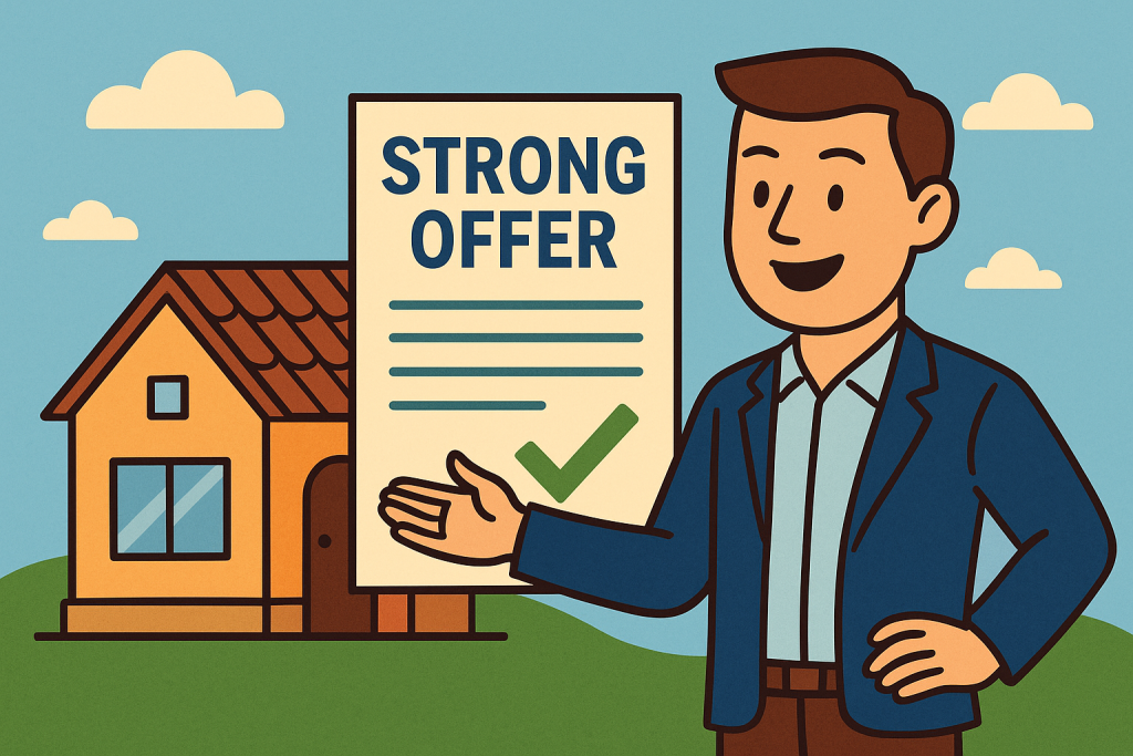 Cartoon man presenting a strong home offer in front of a house
