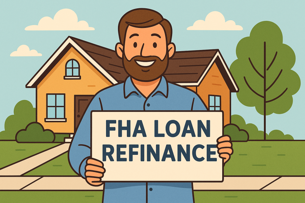 Cartoon illustration of a man holding an FHA loan refinance sign in front of a house.